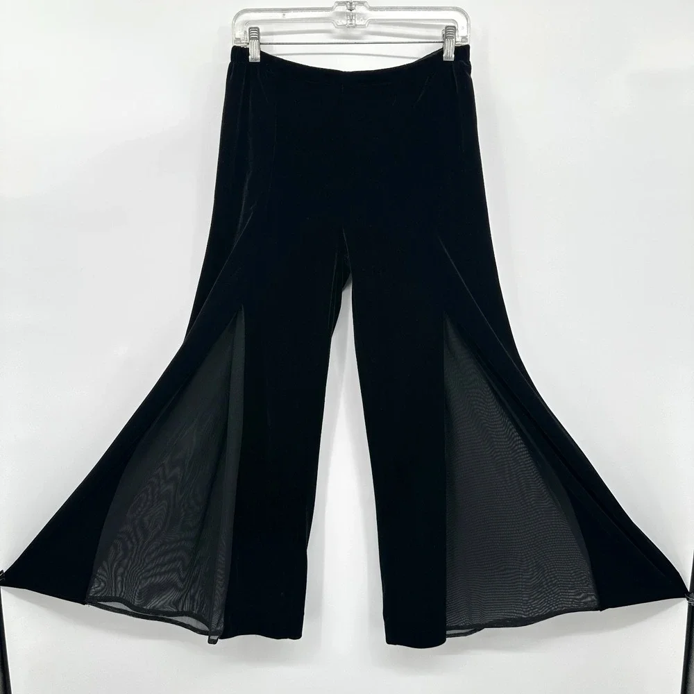 XSCAPE Joanna‎ Chen Pants Size 6 Black Velvet Chiffon Stretch Palazzo Wide Leg